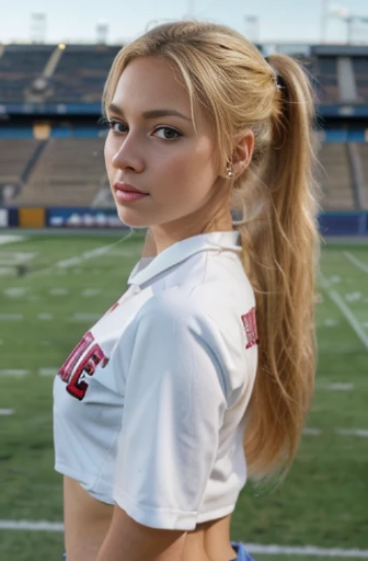 (8k, ultra high res, best quality, high_quality, masterpiece:1.2), realistic, (ultra detailed eyes and face), (ultra detailed beautiful skin), solo, 1 girl, College girl, soccer player, on soccer field, long blonde hair in ponytail, medium breasts