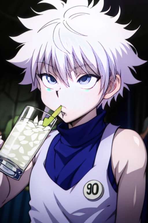 masterpiece, 最high quality, high quality, 1 teenager, solo, male focus, look at the audience, Upper body, Killua_zoldyck、Tank top、close your eyes、mouth wide open、 Overflowing from the mouth、drink from a glass、below it、Wet、Raise your arm and drink a drink、Ahegao、 Overflowing from the mouth、front view、