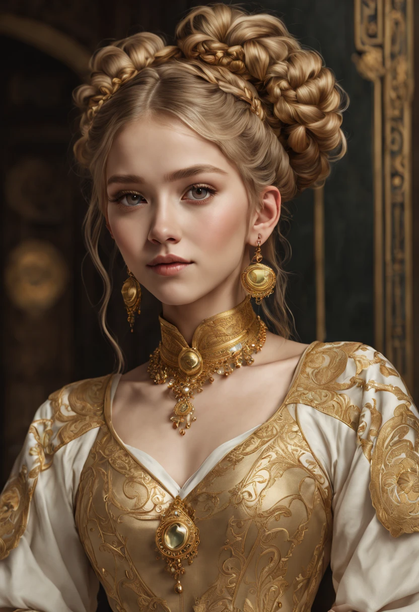 (8k 16k, RAW photo, best quality, master:1.2), (realistic, photo-realistic:1.37), ultra detailed, 1girl,solo, full body shot, rich gold intricate braided hair, hair buns, light gold eyes, realistic, looking at viewer, happy, smile, masterpiece, realistic photography, by Alphonse Mucha, by Wlop, ), (Exaggerated Perspectives), f/ 2.8, (Surrealist Style), Visionary Art, (Trending on artstation) intricate victorian outfit, intricate jewelry, necklace, large earrings, full body, victorian boots,