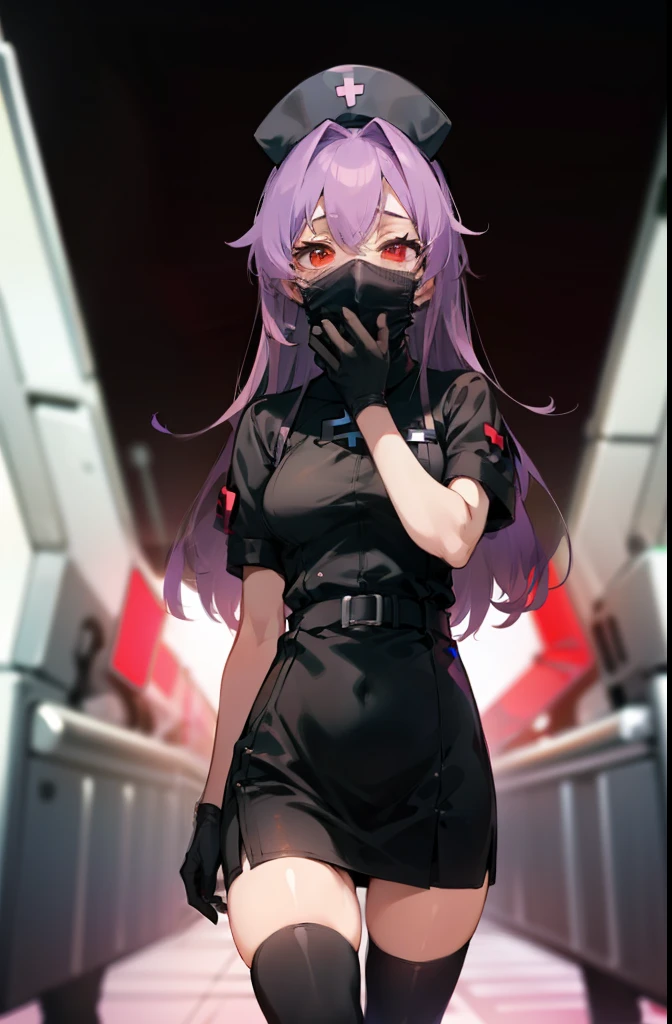 black nurse, 1 female, black nurse cap, Black Wear, ((black legwear, zettai ryouiki)), black elbow gloves, long hair, purple hair, red eyes, ((Black surgical mask, Covered nose)), Are standing, ((operating room)), sharp outline, short sleeve, mature woman, 35 years old, highest quality, masterpiece