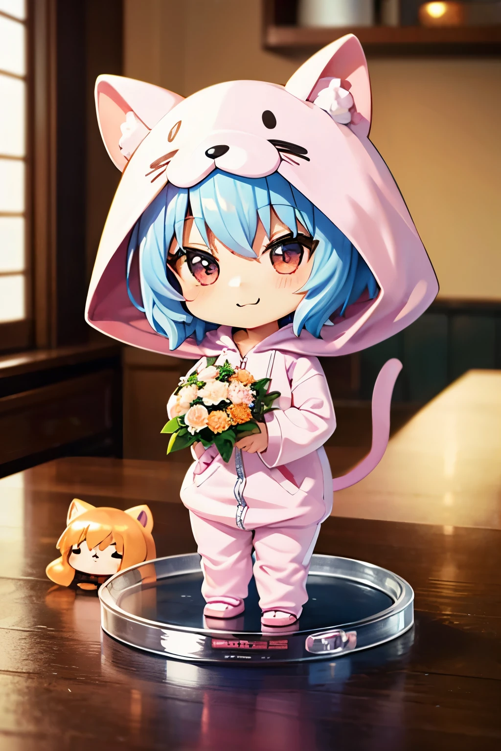 (Chibi:1.3), happy, (holding a bouquet), full body, (Kigurumi), indoors, on the table, (Nendoroid:1.1),