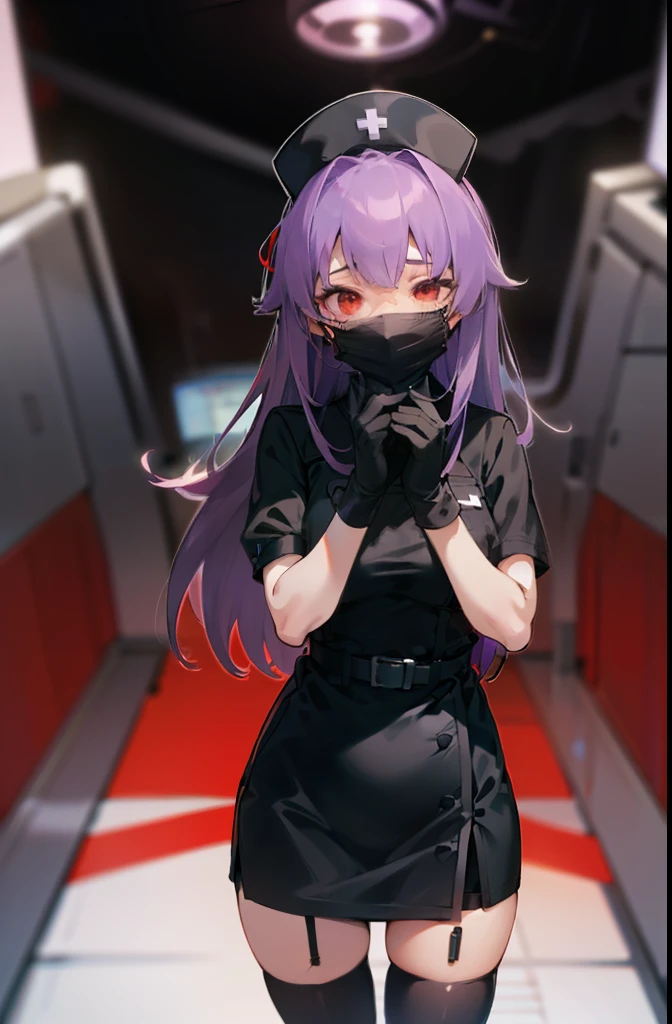 black nurse, 1 female, black nurse cap, Black Wear, ((black legwear, zettai ryouiki)), black elbow gloves, long hair, purple hair, red eyes, ((Black surgical mask, Covered nose)), Are standing, ((operating room)), sharp outline, short sleeve, mature woman, 35 years old, highest quality, masterpiece