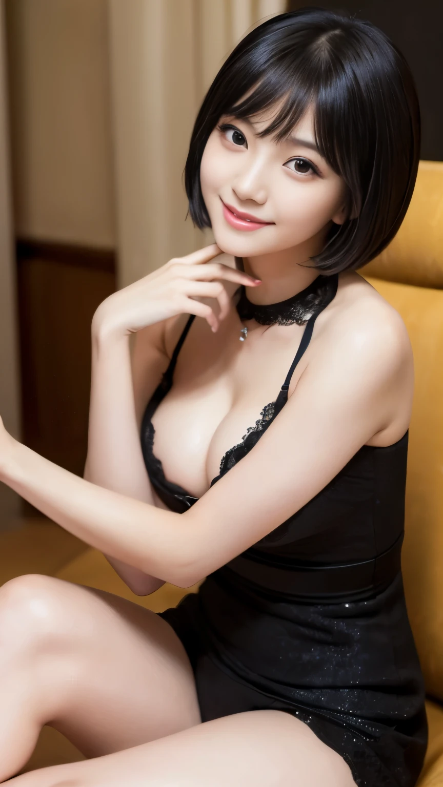 Best-quality, Masterpiece, Ultra-High-Resolution, (Photorealistic:1.4), Raw-Photo, 1girl, solo, front-view, in luxury-hotel-suite, 15-years-old, the most famous Japanese idol, wearing only luxurious-evening-dress, sitting on luxury-chair, innocent smile, ((sexy-pose, open-legs):1.3), extremely cute face like the most popular Japanese idol, (((extremely beautiful big-black-solid-circle-eyes))), extremely beautiful black-short-cut-haired, extremely beautiful long-eyelashes, extremely beautiful lips, extremely beautiful skins, extremely beautiful cleavage, extremely beautiful body, extremely beautiful hands, extremely beautiful inner-thighs, extremely beautiful legs