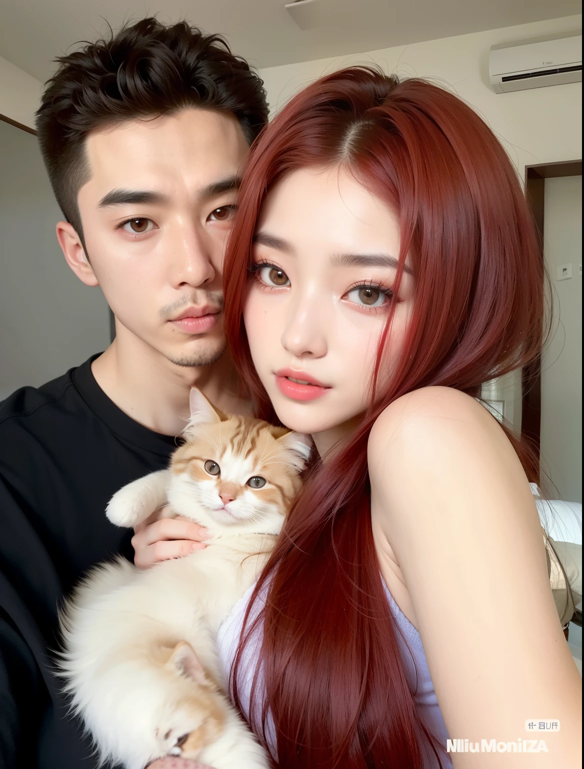 Hay un hombre y una mujer que sostienen un gato, cai xukun, Con cabello rojo, dilraba dilmurat, ruan jia y brom, con hiedra, con el pelo largo y rojo, kda y sam que, ulzzang, dyed red hair, yanjun chengt, con pelo rojo rizado, nixeu y sakimichan
