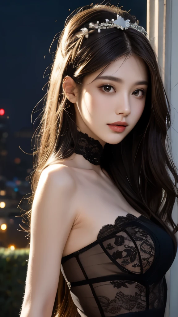 best quality, masterpiece, ultra high resolution, lifelike, (Panorama:1.5), (1 girl),(long hair),(hair accessories:1.4),女孩的身边有一座古老的宫殿whole body黑丝,Black stockings sharp focus, Good shape, whole body，Random pose reference, Single eyelid eyes, high nose bridge、Pointed nose, V-shaped face, pale skin, Smile, Bokeh