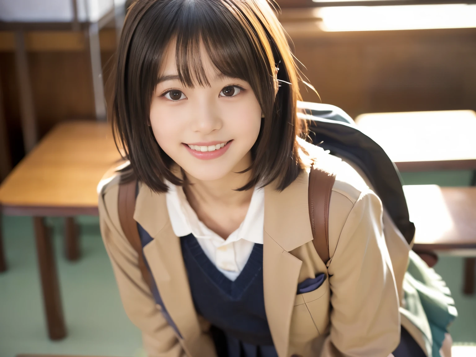 (((masterpiece))),  (one beautiful japanese girl, Classmate, innocence，cute) ，Super high resolution, realistic, super detailed, 8K,highest quality, very detailed, detailed background,Slender,very beautiful japanese girl, detailed face:1.3), (boyish short hair，black haired :1.4), (，cute系,adorable 14 year operfect body:1.1),  (brown blazer, light brown pleated mini skirt), provocative smile,show me your beautiful teeth,super detailed顔、detailed lips、detailed eye、small gravure idol，transparent skin、，Japanese high school，carrying a backpack、leaning forward、In the classroom，looking down from above