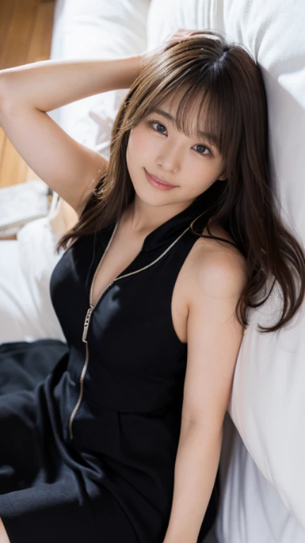 sleep1人の女の子(Very detailed image quality)極realistic skin texture、extremely detailed face(butt length hair、very long curly hair、Beautiful moist and manageable hair、smooth hair)((bright smile))、stare(Sexy 15 year old girl、small face、extremely beautiful face、natural makeup)(fair skin)(Glitter eyes)smooth skin、realistic skin texture ((interior old western building、Old floors、Bedroom、Are sleeping))(((black dress with zip in the middle、micro mini、、Fully open the zip、open the front)))((Knee-high socks))((sleep、Can be seen below the knee))erotic pose、Stand up your legs、Extremely beautiful armpits、round beautiful breasts、beautiful cleavage、thin waist、constriction:1.2、big ass、Movie Writing、reflex board、face light、raise your arms、((((sleep:1))))(((Full body shot from above)))