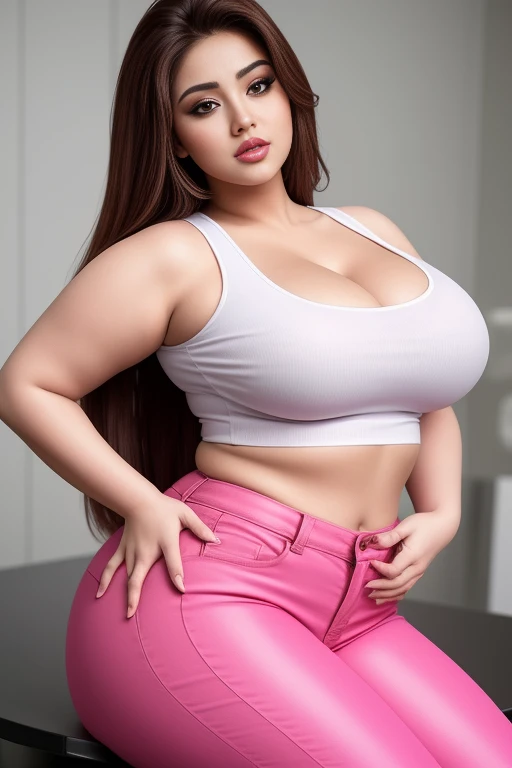Arabian sexy curvy women, busty, white skin tone, breast, beautiful, realistic, pink shirt, red pant
