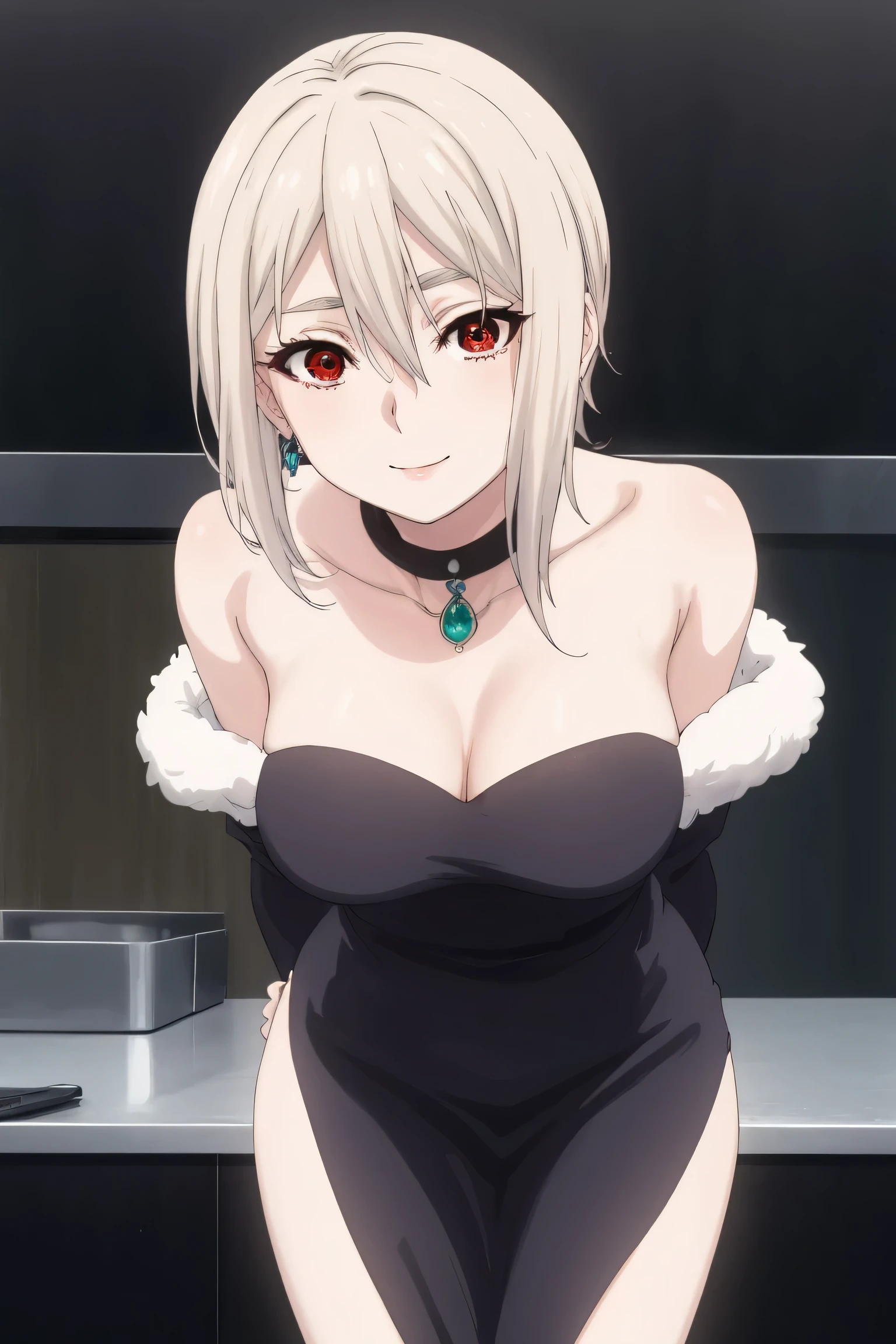 alicenakiri, alice nakiri, short hair, (red eyes:1.3), white hair, hair between eyes, smile,
BREAK black dress, dress, fur coat, high collar, jewelry, necklace, off shoulder, taut clothes, taut dress,NSFW,
BREAK indoors, kitchen,
BREAK looking at viewer, (cowboy shot:1.5),standing, leaning forward, arms behind back,
BREAK (masterpiece:1.2), best quality, high resolution, unity 8k wallpaper, (illustration:0.8), (beautiful detailed eyes:1.6), extremely detailed face, perfect lighting, extremely detailed CG, (perfect hands, perfect anatomy),