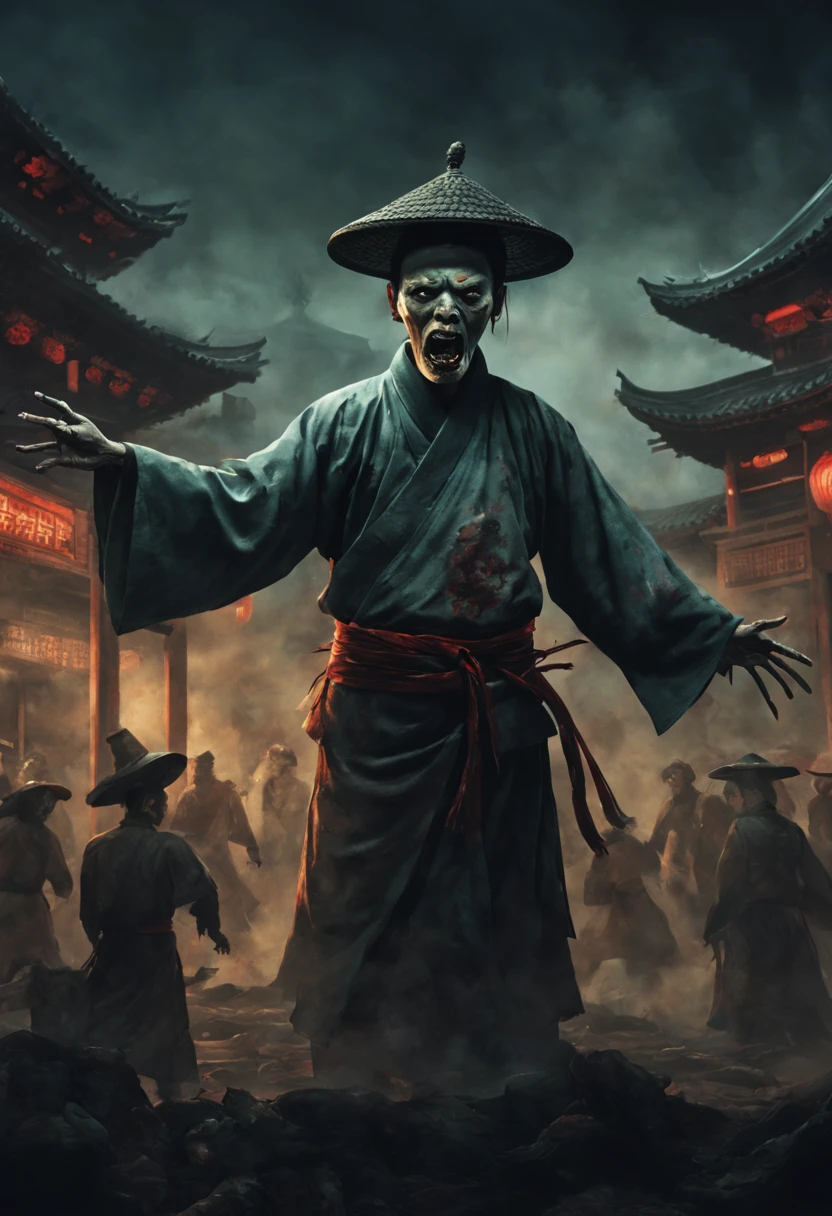 A terrifying Qing Dynasty zombie stands at the center with arms stretched out at a 90-degree angle, glaring menacingly forward. The zombie is adorned with a Zombie_hat. Below, a panicked crowd is depicted, fleeing from the pursuing zombie. The surroundings are dimly lit, showing the faint glow of a small town. The color palette is dark and ominous, creating an atmosphere of fear. The overall composition reflects an Asian horror movie poster with elements of ink wash painting and traditional Chinese aesthetics.