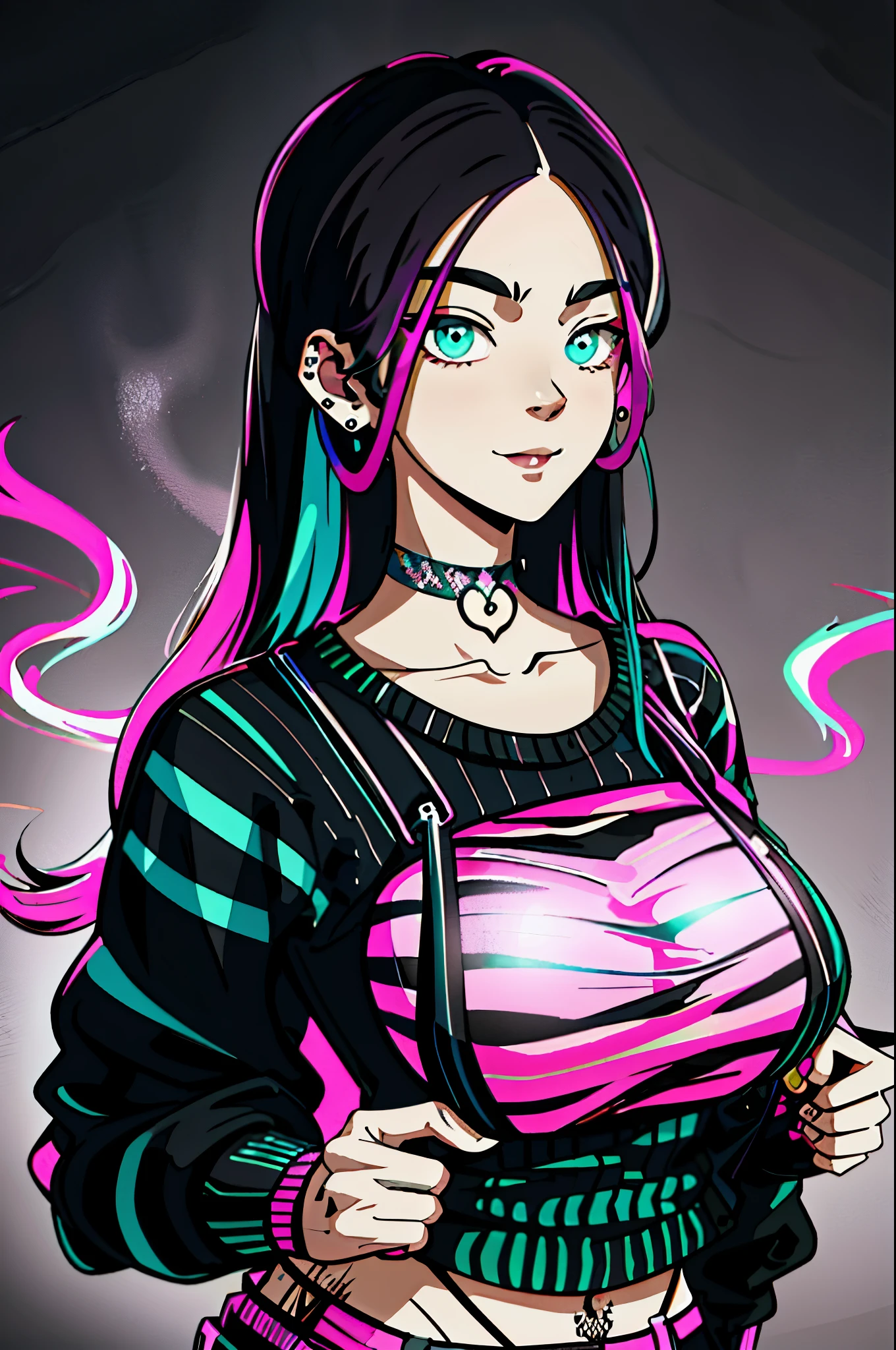 kpop girl with rizz smile face, bad ass, black,neon cyan pink hair, tattoos on hands and neck, piercing, black mixed green striped sweater, cool badass pose, smoke background, colorful smoke background