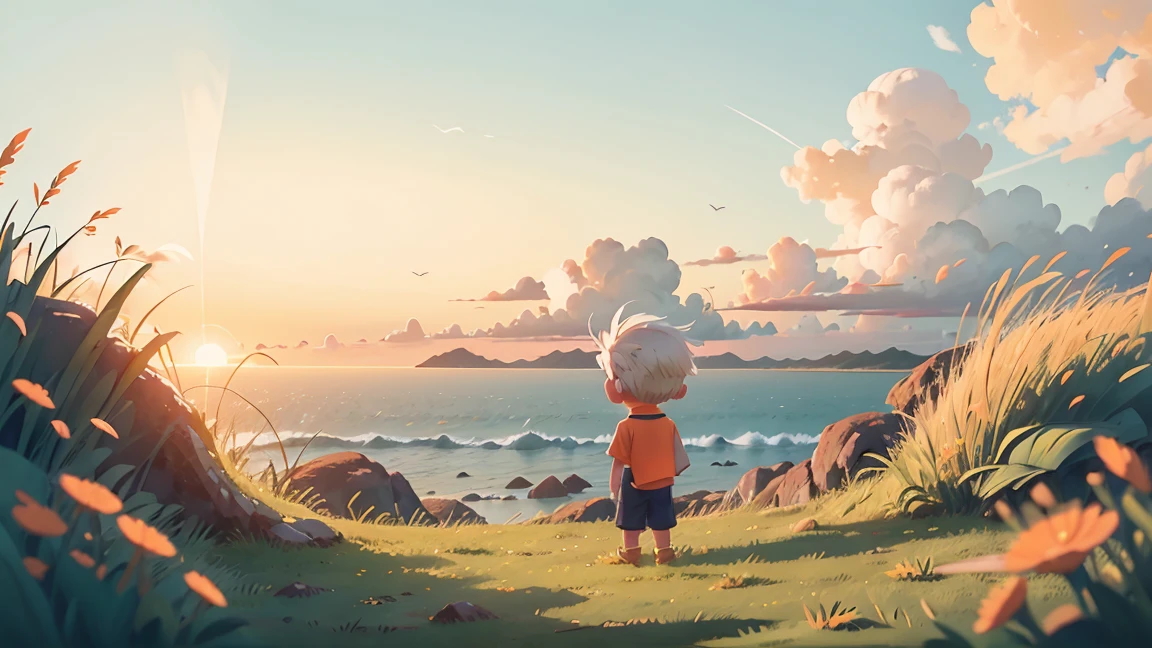 Boy standing on a grassy field, looking at the sunset, view from behind, ocean, orange lighting, white hair, beautiful scenery