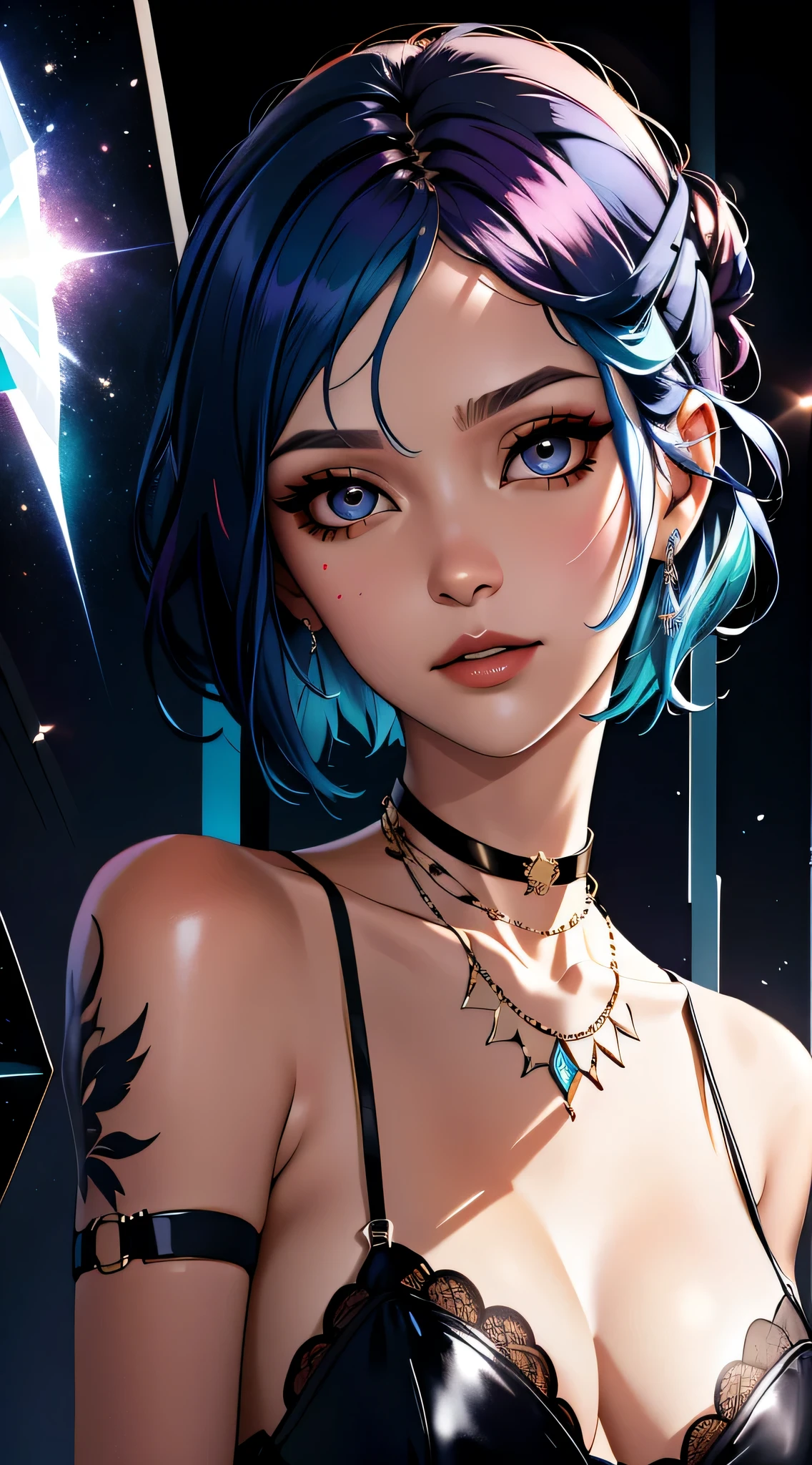 Model: short dark blue hair, full dark lips, Smoky eyes, shiny skin, space buns, chloe price BREAK, Setting: Room with black light, Broken glass, Crystals reflect light, neon lights, BREAK, bodypaint: Polychromatic geometric patterns, Torso cover, Arms and legs, tattoos BREAK, Accessories: Chrome-plated chains with torn body, Silver Choker BREAK, the pose: on a bed,The head is tilted upwards, looking forward. up close