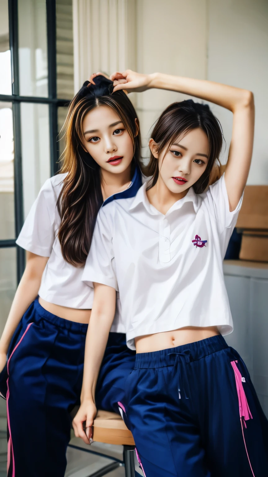 2 girls in the piano room, Navy blue short-sleeved shirt,Navy Long Trackpant,Sweatpants, Sweatpantsขายาว,25 year old girl, lesbian, sexy, lying on the bed., exercise clothes