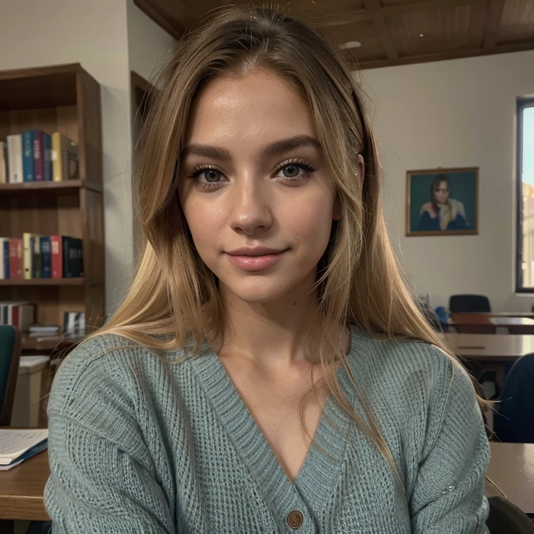Mujer con una camisa vaquera sentada en un escritorio frente a una pizarra, linda colegiala, en un aula, sentado en el aula, high school girl portrait, hyperrealista , a hyperrealista , realista , mujer joven atractiva, linda mujer joven, Retrato de Sophie Mudd, escote, mirando seductoramente al frente.