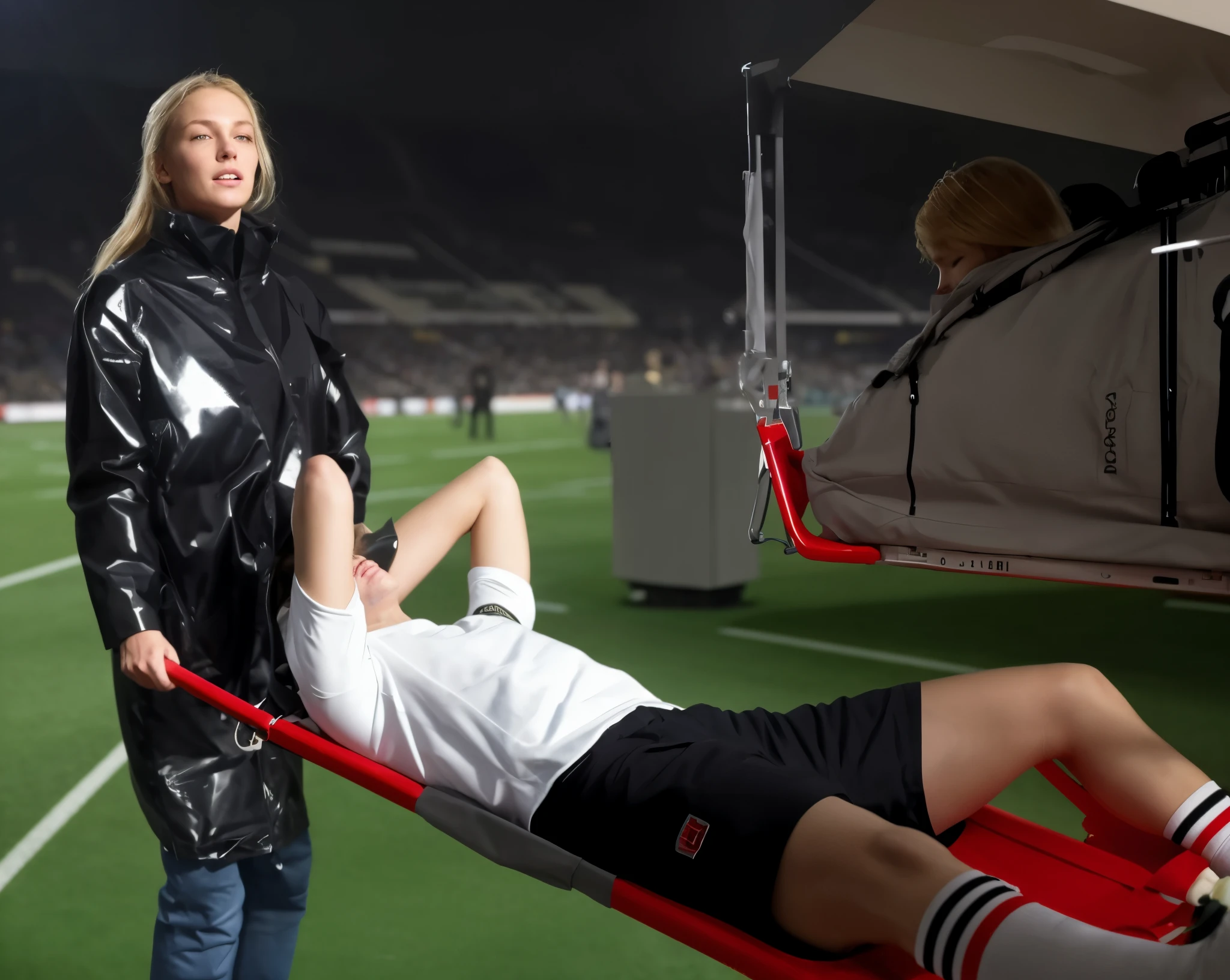 player on a stretcher, Photography of an injured sportsman on a stretcher being carried by a longhaired blond woman in a long black down coat, a young male soccer player in short sportswear is lying on his back on a stretcher and is grabbing his shin with his hands, hyperralistic, very realistic, ultrarealistic photorealistic, pgoto, photoreal, a young woman is wearing a high shine black downcoat and is holding a stretcher inside a sports stadium, a young madeup blond woman in a high-shine padded coat is shouting out for help and has a very sad and furious expression in her face, a sportsman is lying on a stretcher and has a very painful and suffering face, a young sportsman on a stretcher with a very painful expression in his face, dramatic action pose, sports accident, injury scene, theatralic pity pose, pity pityful, pain, a sportsman is lying on a stretcher and is crying in pain, a young madeup woman in a shiny coat is carrying a man on a stretcher inside a sports stadium, sports scene, stadium, very shiny vinyl quality on a woman's coat