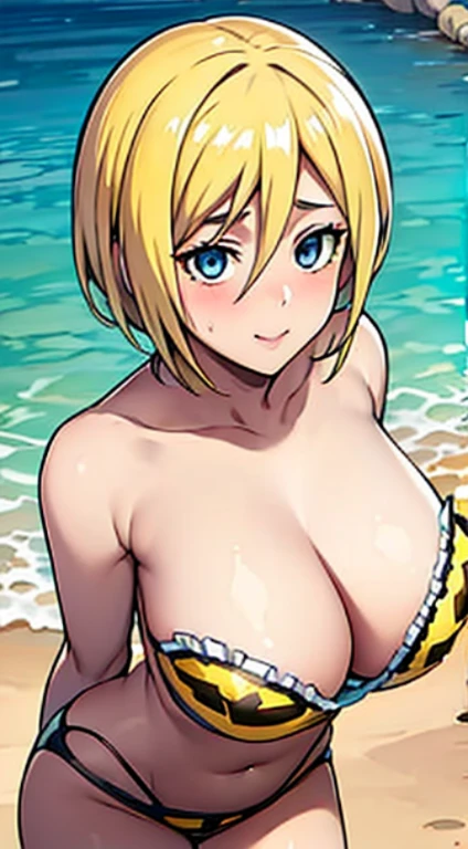 (masterpiece), best quality, perfect face, beach background, clothes((frilly, bikini, yellow bumblebee)), short blonde hair, looking at viewers, big boobs, looking at viewers, front facing, front view, happy face, perfect shaped beautiful body, ultra realistic detailed blue eyes ,thick waist, realistic ,sunflower on her head