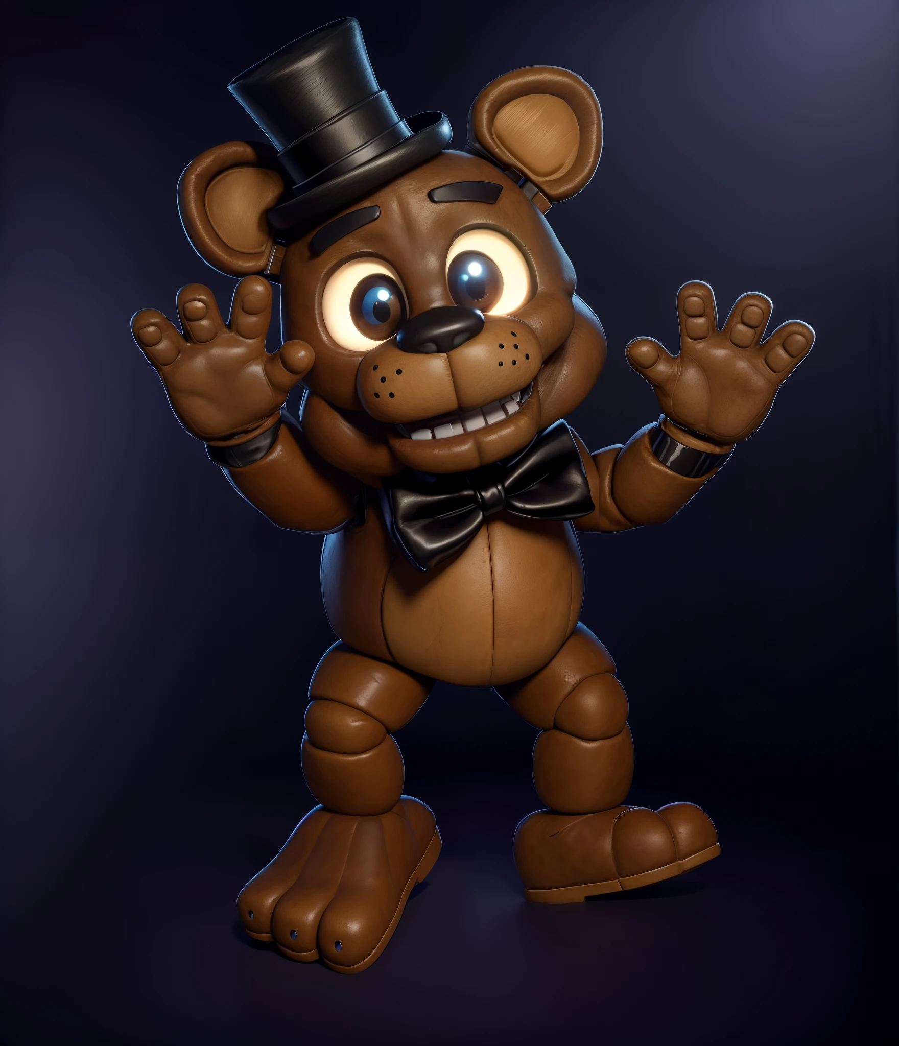 little cute freddy fazbear, vivid colors, bear character, realistic animatronic costume, animatronic, cartoon character with a top hat, black hat, bow tie, horror creepy atmosphere, eyes are shining, rim light, detailed fabric textures, glossy costume, reflective, best quality, 4k, masterpiece:1.2, ultra-detailed, realistic, vivid colors, dark and moody lighting, The image of the highest quality, ensuring every detail showcased perfectly. It in 4k resolution, allowing viewers to immerse themselves in the richness of the colors and intricate details. The realistic rendering. under the spotlight, reflecting, high-resolution image, realistic rendering, dark background, and rim light.