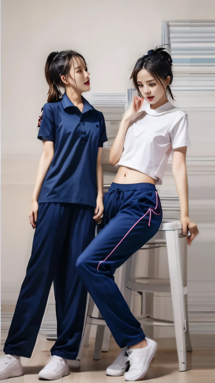 two girls sitting on chairs., Navy blue short-sleeved shirt,Navy Long Trackpant,Sweatpants, Sweatpantsขายาว, หญิงรักhave sex, coax, Sexual arousal, Realistic poses, exercise clothes, exercise clothes, have sex