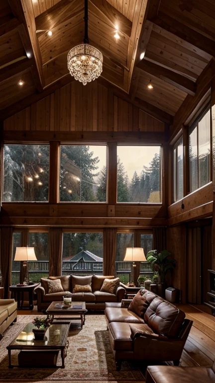 A luxury double height ceiling living room with a large bay window overlooking a side log cabin. Outside, a large quantity of snowdrops are falling from the sky. The living room is furnished with sumptuous, contemporary sofas and chairs in neutral tones, grouped around a low central coffee table. The color palette of the room is composed of dark, warm brown tones, with the soft lighting of various lamps adding a warm ambiance.
