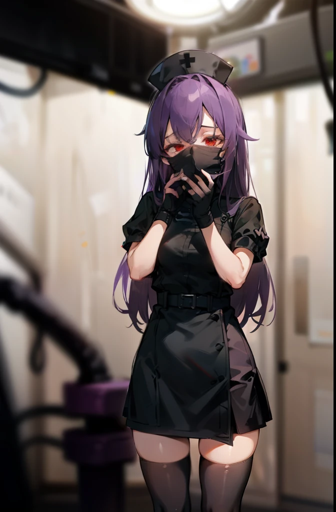 black nurse, 1 female, black nurse cap, Black Wear, ((black legwear, zettai ryouiki)), black elbow gloves, long hair, purple hair, red eyes, ((Black surgical mask, Covered nose)), Are standing, ((operating room)), sharp outline, short sleeve, mature woman, 35 years old, highest quality, masterpiece