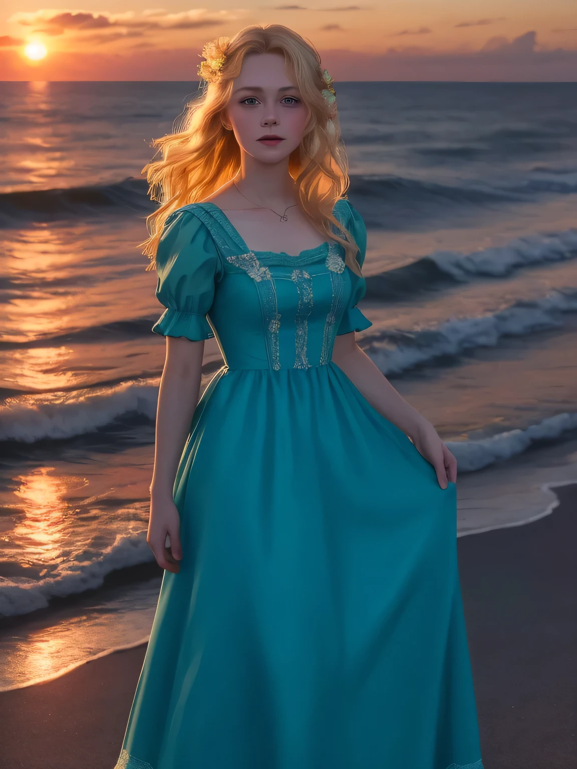 Gloomy picture, a girl in a vintage dress stands against the background of the sea, (20-25 years), Beautiful face, blond long hair, light eyes, against the background of the sea, Sunset in the background, Beautiful picture, natural light, Vintage dress, ballgown, detailed clothing, crinoline dress, cinematic, still from the film, Cinematic quality, masterpiece, masterpieceальное качество, frame from a historical film