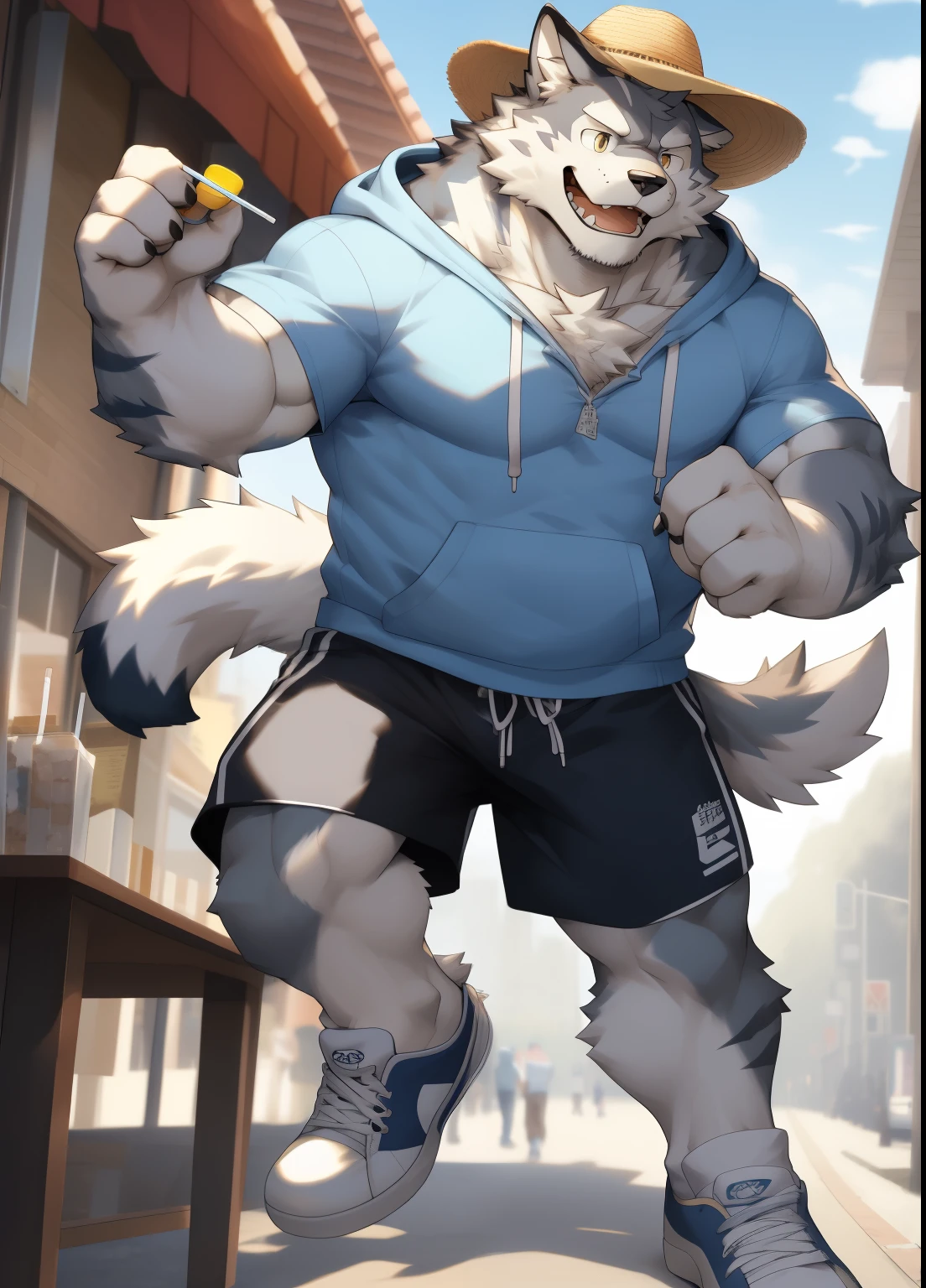 hairy，（（Wolf，hoodie，shorts，Board shoes，white socks）），white fur，male，Common，full body picture（（极其lifelike阴影，masterpiece，Very detailed，lifelike））， （（Cat）），dynamic poses，Tanonaka，wearing a straw hat，穿着white socks，Smile（（极其lifelike背景，masterpiece，Very detailed，lifelike））detailed background
