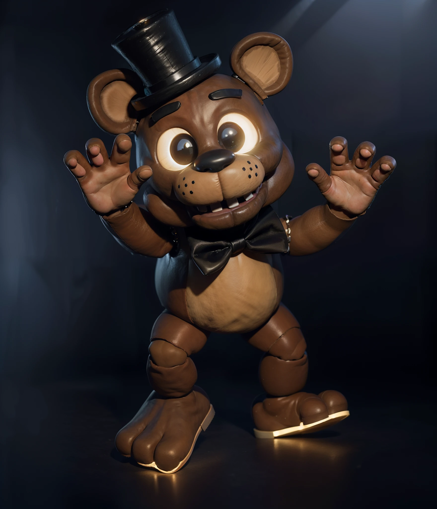 little freddy fazbear, bear character, realistic animatronic costume, animatronic, cartoon character with a top hat, black hat, bow tie, horror creepy atmosphere, eyes are shining, rim light, detailed fabric textures, glossy costume, reflective, best quality, 4k, masterpiece:1.2, ultra-detailed, realistic, vivid colors, dark and moody lighting, The image of the highest quality, ensuring every detail showcased perfectly. It in 4k resolution, allowing viewers to immerse themselves in the richness of the colors and intricate details. The realistic rendering. under the spotlight, reflecting, high-resolution image, realistic rendering, dark background, and rim light.
