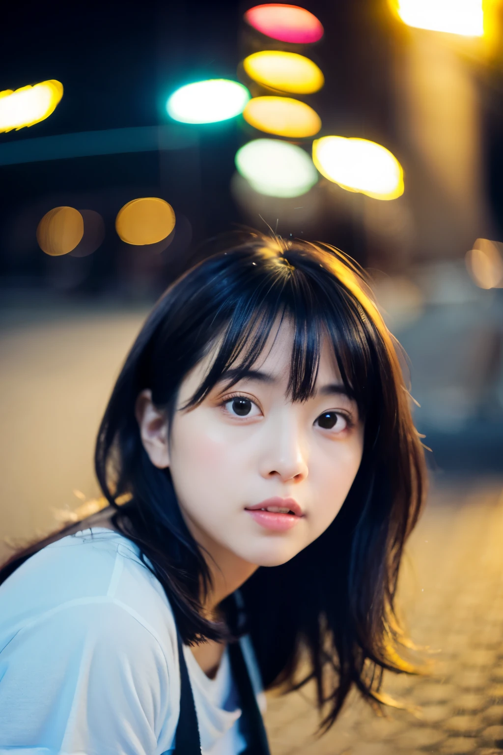 (8K, RAW photo, highest quality, High resolution:1.1), (hyperrealistic:1.4),(realistic, photorealistic:1.3), soft light,realistic face,realistic body,realistic skin,disorganized,masterpiece,(cute:1.8),(leaning forward:1.8),(From above:1.2),(close:1.4),crawl on all fours,throw,( Detailed colorful loose fitting t-shirt:1.2),(Beautiful breasts:0.9),(long hair,ponytail),(big:1.2),cleavage,fine black eyes,innocent eyes,droopy eyes,Watery eye,open lips,blush,good style,colorful lights,film Grain,close,look viewer,full Body,Depth of field, blurred background,Eye focus,young,85mm lens, f/ 1.4,professional lighting,portrait,photon mapping,radio city,Physically based rendering,Transparency,Day本の女の子,Day,Sunny,outdoor