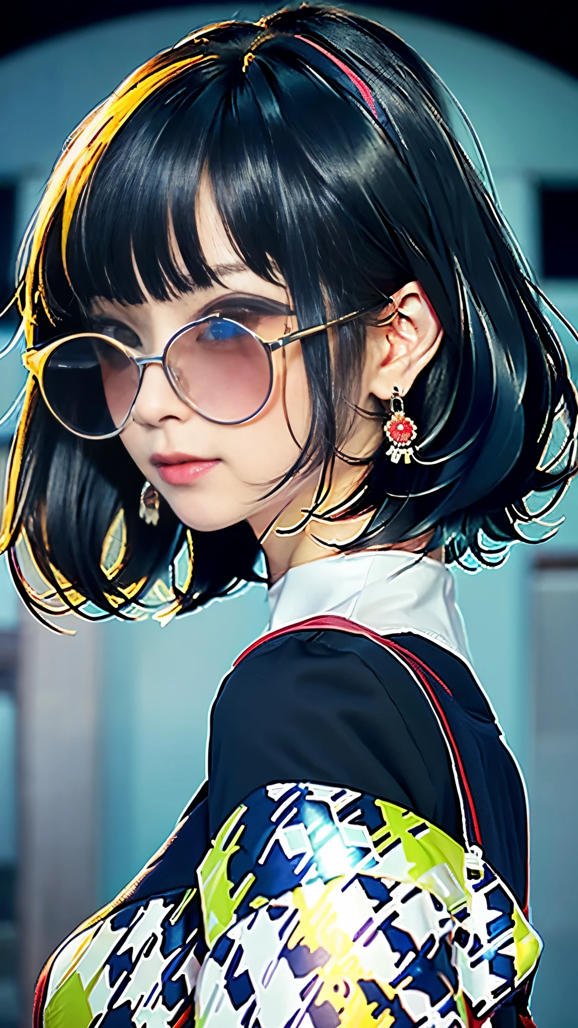 mix 4, (16K, Raw photo, best image quality, masterpiece: 1.45), (realistic, Photoreal: 1.37), one girl, cute, Wearing sunglasses，cityscape,, professional lighting, photon mapping, school classroom, Physically based rendering, dark brown hair,ponytail hairstyle, Beautiful well-groomed eyes、((double eyelid))、super cute girl, (((、blazer、Long-sleeved shirts worn by Japanese high school girls、ribbon tie、Navy blue super super super mini skirt,、dark blue socks、black loafers))), highest quality photos, High resolution, 1080P, (clear face), (Detailed facial description), (detailed description of hands), (masterpiece), (Detailed CG)、extreme light and shadow、messy hair、master work、Rich details、(detailed facial features)、(highest quality photos)、(Masseter muscle part)、(detailed eye)、look in front of you、thin clavicle、((slender and big))、(((Japanese high school girls wear long-sleeved shirts)))、((neat idol))、((school gate、schoolyard、School building in the background))、(Take photos from random viewpoints)、(((Anyway it&#39;s cute)))、earrings、big smile、Draw the whole body from the knees、Do not draw fine lines、(((Sports bags used by Japan schoolgirls)))、(small breasts:1.2)、small buttocks with tension、Two arms and two legs、(((from the front:0.7)))、bare hands、(((symmetrical eyes)))、standing pose、put your hands on the desk、Do not remove the tie from the jacket､
