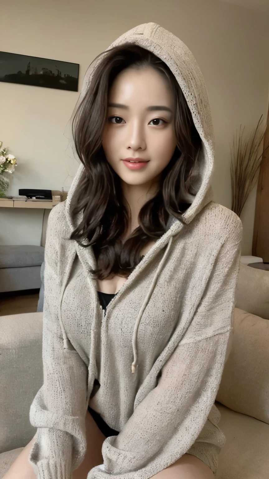 ((top-quality、8k、​masterpiece:1.3))、Beautiful woman with perfect body:1.4、slim abdomen:1.2、Longhair, normal breast, Highly detailed facial and skin texture, A detailed eye, (smile), (full body shot), ((living room)), (sitting on the sofa), (((wearing hooded sweater)), looking in front