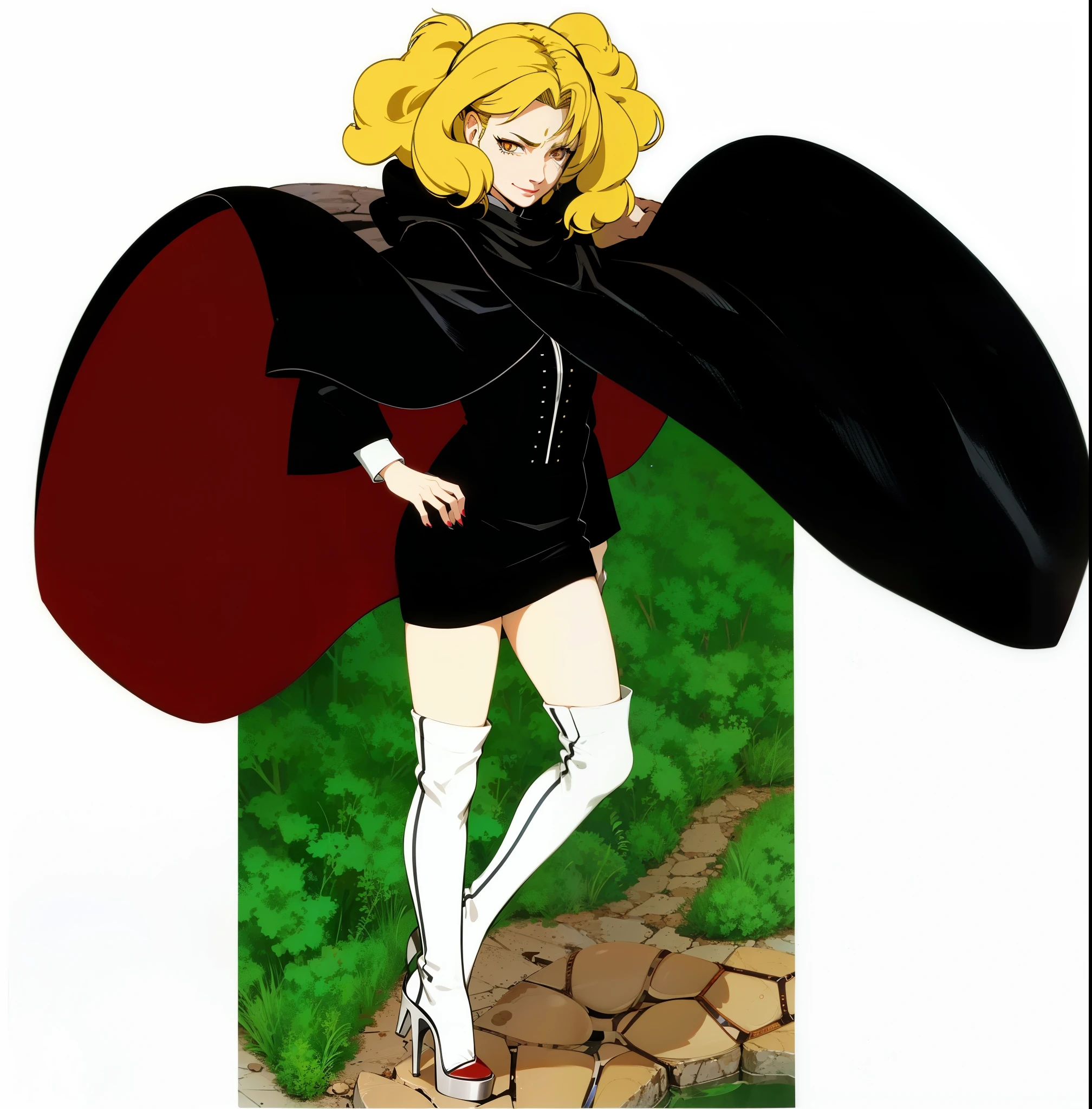 Beautiful, feminine, cool expression, clad in red armor, little smile, perfect face, yellow hair, Long socks, heels
