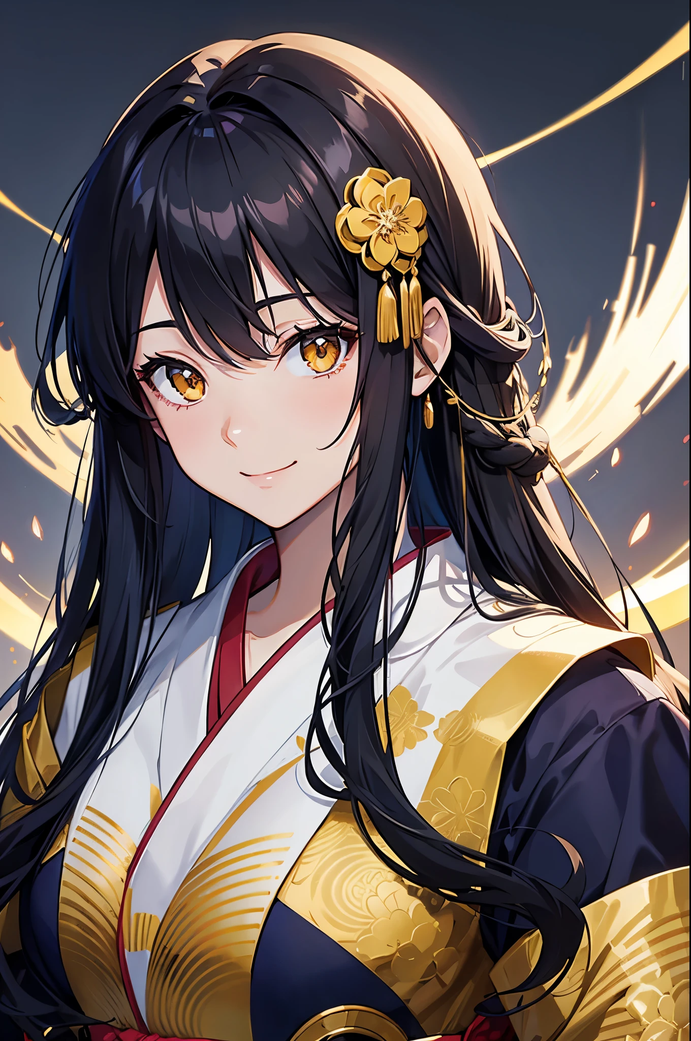 Cover magazine. anime, A woman. long hair. navy hair. golden eyes. Half Body potrait. Upper body. Smile. Light color Kimono
