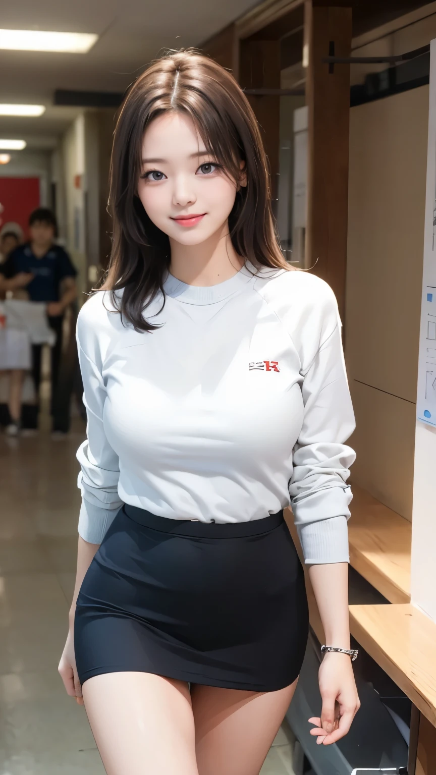 (better quality, 8k, masterpiece :1.3), gentle and kind female student at age 22,She smiled,walking,(from beside pov:1.3),big breasts,skirt,