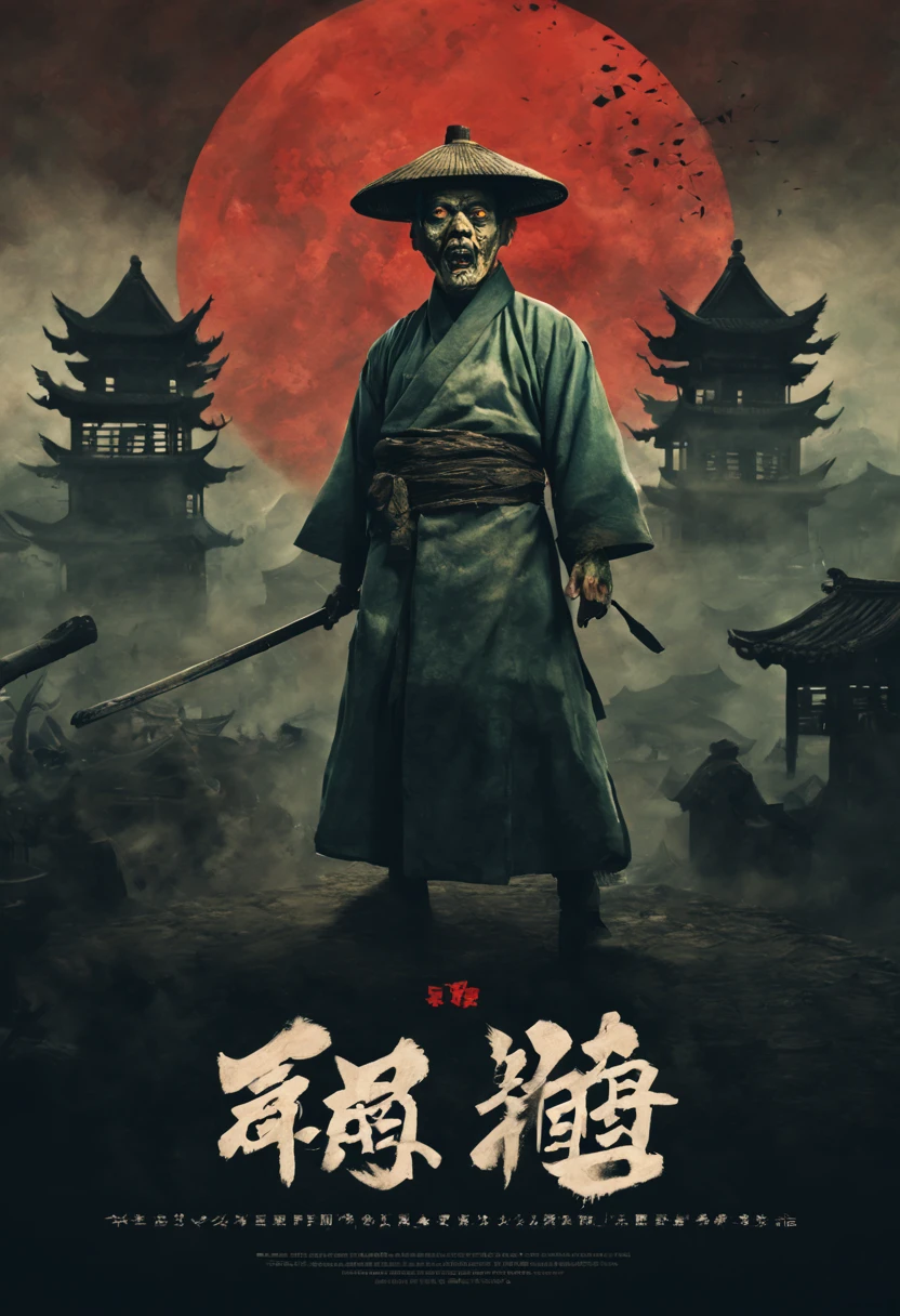 A Qing Dynasty zombie stands in the center，Extend your hands to 90 degrees，Staring ferociously ahead。Zombies wear unique Zombies_hat，The dim light of the surrounding town shines，The environment is dark，exuding an atmosphere of fear。The overall style is consistent with horror movie posters from the Qing Dynasty of China，Combined with traditional ink painting elements，Presenting a thrilling atmosphere in historical scenes。