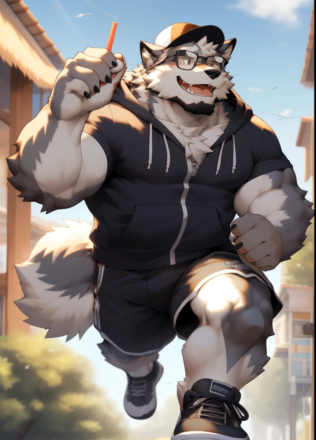 hairy，（（Wolf，hoodie，shorts，Black sneakers，white socks）），white fur，male，Common，full body picture（（极其lifelike阴影，masterpiece，Very detailed，lifelike））， （（Cat）），dynamic poses，Tanonaka，wearing a straw hat，穿着white socks，Wearing black-rimmed glasses，beard，Smile（（极其lifelike背景，masterpiece，Very detailed，lifelike））detailed background
