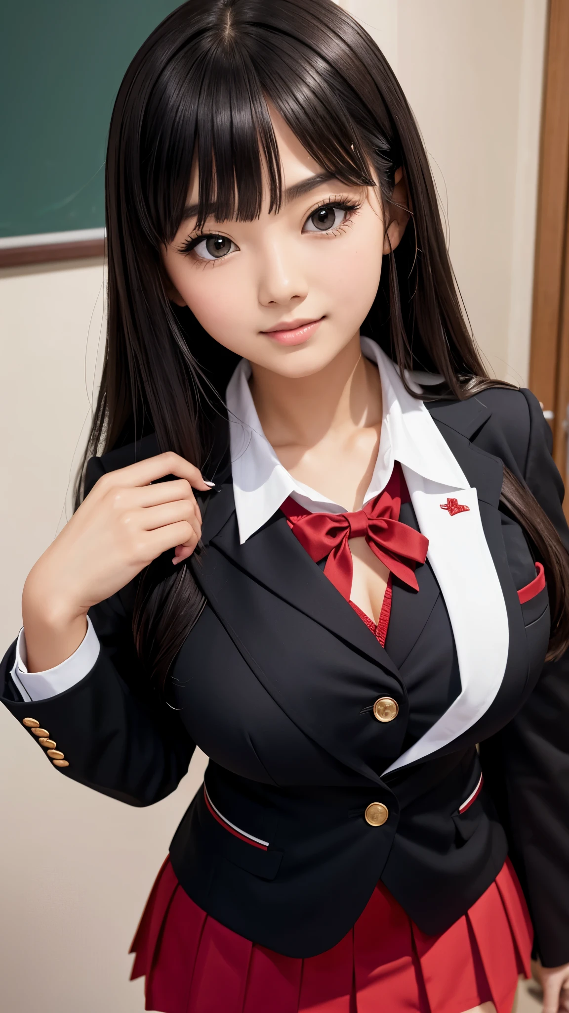 ((best quality)), ((muste piece)), (detailed breasts), (highlight), perfect face Young girl highlighting large breasts with detailed face、Long, thick, shiny, beautiful black hair with blunt bangs、solid color background、Standing wearing red and black blazer and miniskirt school uniform、Japanese high school girl、student council president idol、