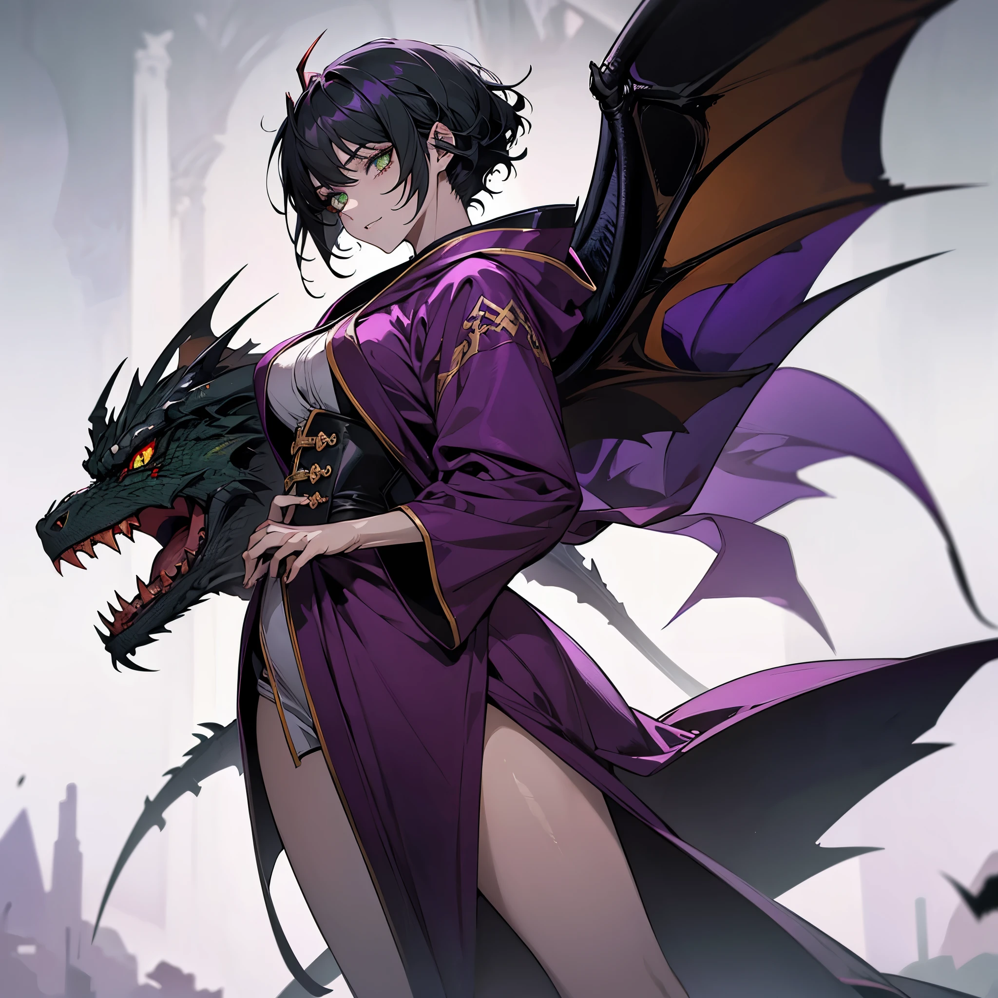 (Dragon Girl), alone, short black hair, sharp dragon teeth, curvy figure, ((green eyes)), (high resolution), ((purple robe, noble robe)), (high resolution), high quality , mature, seductive face, long fangs, perfect eyes, devil tail, wings, strong shadows, detailed face, night,, scars, shining eyes, seductive pose, long claws, (Masterpiece), direct light , bottom light, (Devil Queen),