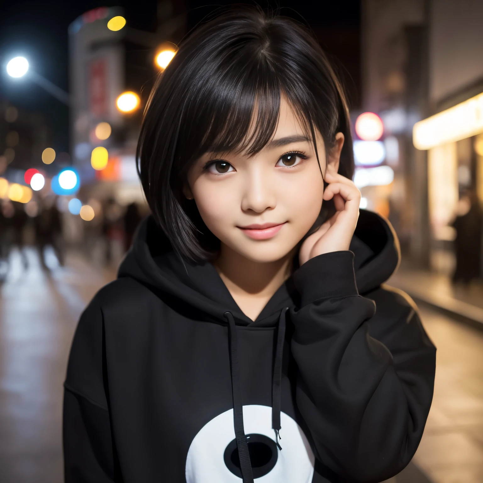 Best-quality, Masterpiece, Ultra-High-Resolution, (Photorealistic:1.4), Raw-Photo, 1girl, 15-years-old, the most famous Japanese idol, at midnight street, wearing only luxurious-hoodie, innocent smile, extremely cute face like the most popular Japanese idol, (((extremely beautiful big-black-solid-circle-eyes))), extremely beautiful black-short-cut-haired, extremely beautiful long-eyelashes, extremely beautiful lips, extremely beautiful skins