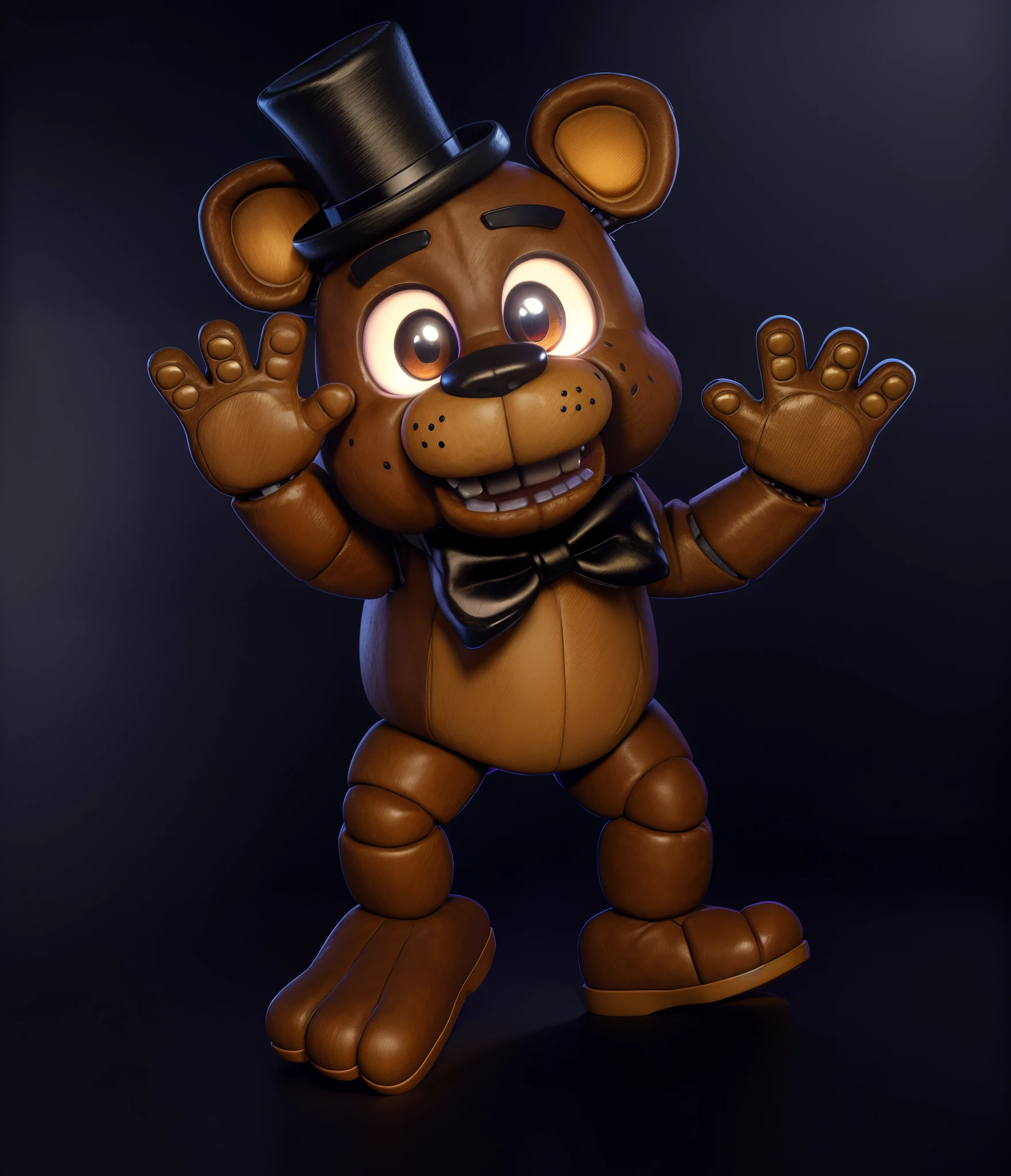 little cute freddy fazbear, vivid colors,  bear character, realistic animatronic costume, animatronic, cartoon character with a top hat, black hat, bow tie, horror creepy atmosphere, eyes are shining, rim light, detailed fabric textures, glossy costume, reflective, best quality, 4k, masterpiece:1.2, ultra-detailed, realistic, vivid colors, dark and moody lighting, The image of the highest quality, ensuring every detail showcased perfectly. It in 4k resolution, allowing viewers to immerse themselves in the richness of the colors and intricate details. The realistic rendering. under the spotlight, reflecting, high-resolution image, realistic rendering, dark background, and rim light.
