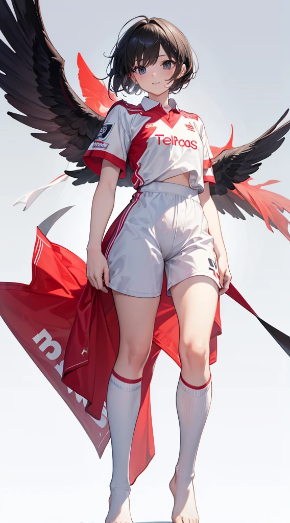 finest, masterpiece, High resolution,no background,The background is pure white,liverpool uniform,front,front,black hair,whole body(from the top of the head to the toes),upright,Standing position,Arms are straight,Are standing,stand up,no background,pure white background,upright,smile,LFC,Red Football Uniform