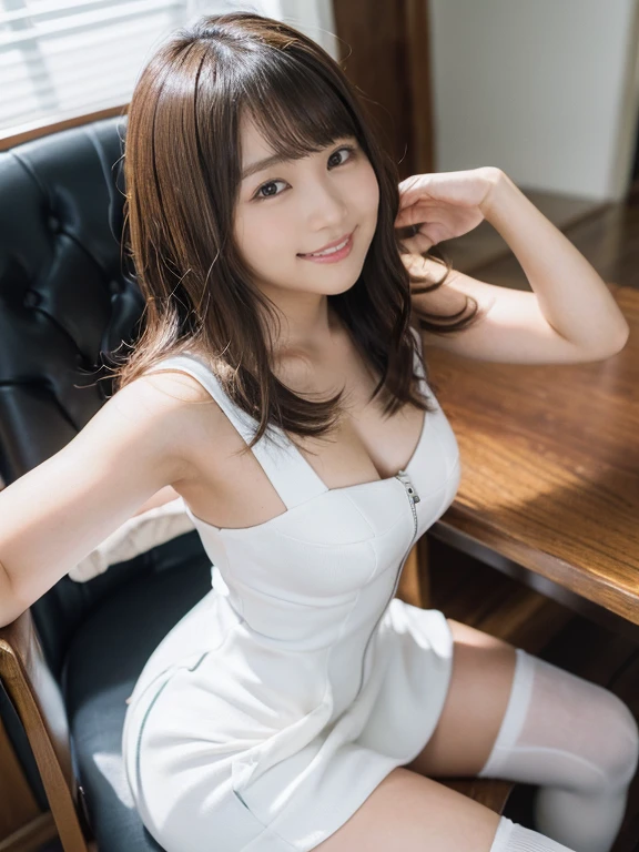 椅子に座る1 personの女の子(Very detailed image quality)極realistic skin texture、extremely detailed face(butt length hair、curly hair、Beautiful moist and manageable hair、smooth hair)((bright smile))、stare(Sexy girl、1 person、small face、extremely beautiful face、natural makeup)(fair skin)(Glitter eyes)smooth skin、realistic skin texture ((Stylish café、Starbucks)(((white dress with zip in the middle、micro mini、、The top and bottom zips are boldly opened.)))((Knee-high socks))(()))) ((i sit on a chair、Can be seen below the knee))、erotic posture、cross your legs、Extremely beautiful armpits、round beautiful breasts、beautiful cleavage、thin waist、constriction:1.2、big ass、Movie Writing、reflex board、face light、raise your arms、(((Low angle full body shot)))