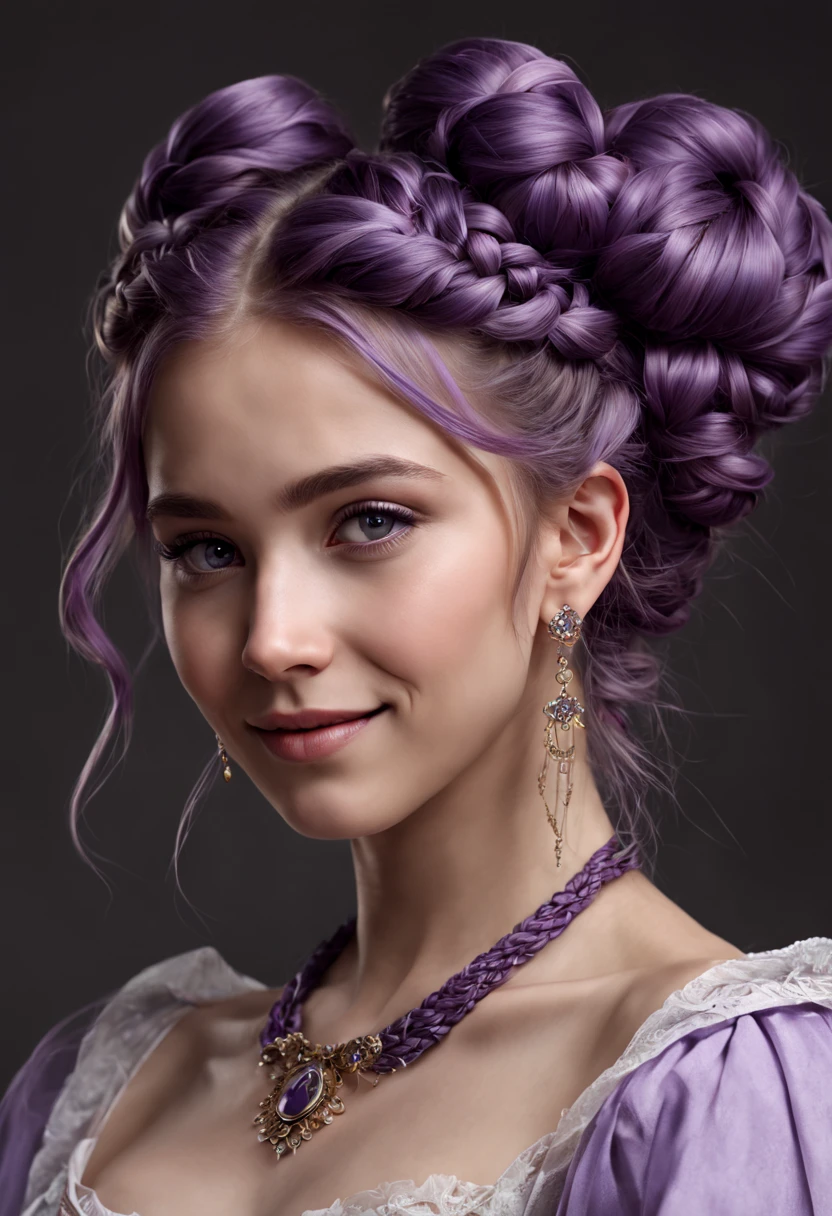 (8k 16k, RAW photo, best quality, master:1.2), (realistic, photo-realistic:1.37), ultra detailed, 1 german girl, solo, gorgeous and beautiful girl, rich purple intricate braided hair, hair buns, light purple eyes, realistic, looking at viewer, happy, smile, masterpiece, realistic photography, by Alphonse Mucha, by Wlop, ), (Exaggerated Perspectives), f/ 2.8, (Surrealist Style), Visionary Art, (Trending on artstation) intricate victorian outfit, intricate jewelry, necklace, large earrings,