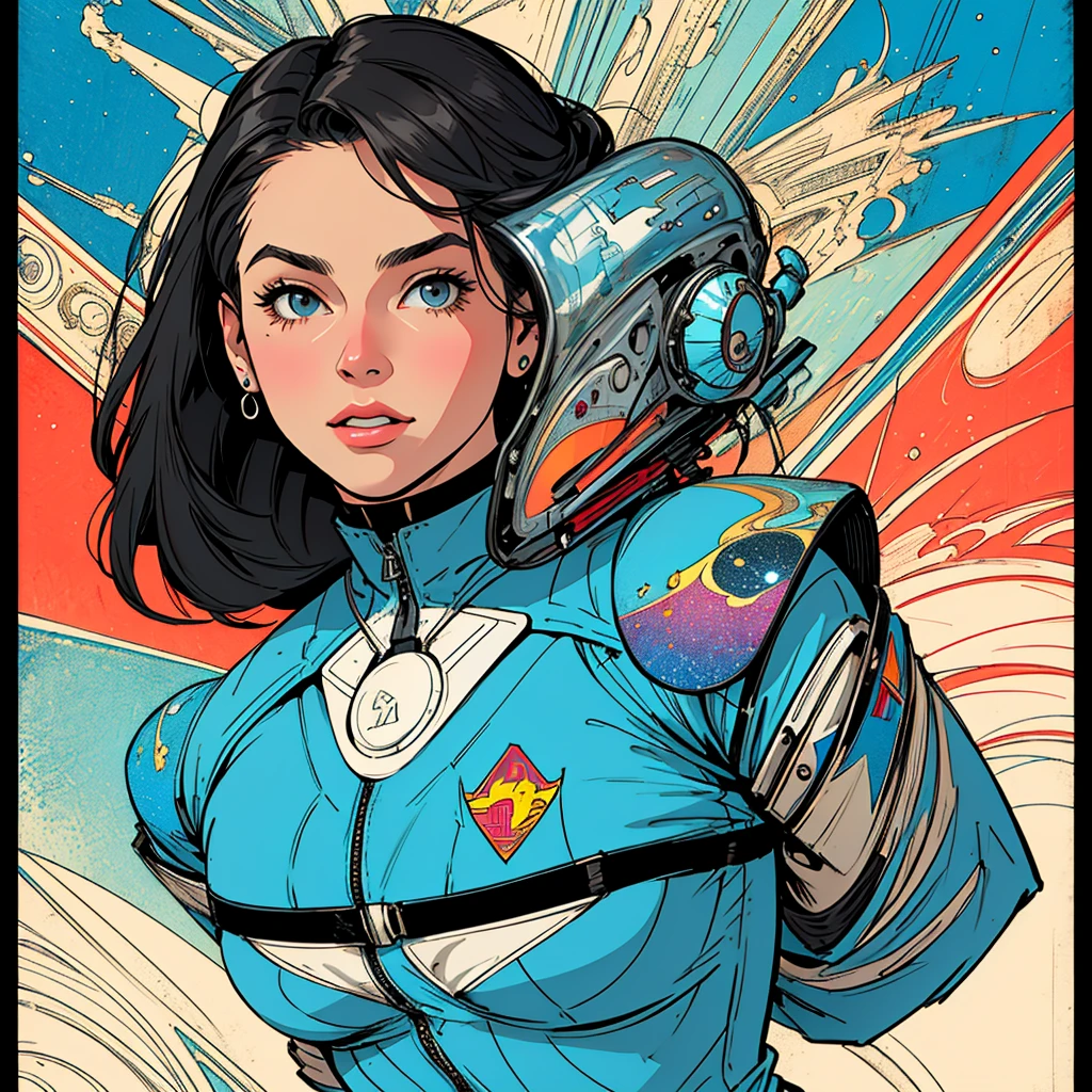 (((highest quality))),masterpiece,1 woman,((the perfect person)),((Super beautiful woman)),detailed perfect face,retro,vintage,classic,60's,70's,80's,old movie posters,abstract,((スペーススリラーmovie poster)),(Futuristic),Geometric pattern,very delicate,movie poster_white frame,universe,Milky Way,planet,,propaganda,universe飛行士,breast enhancement,simple,