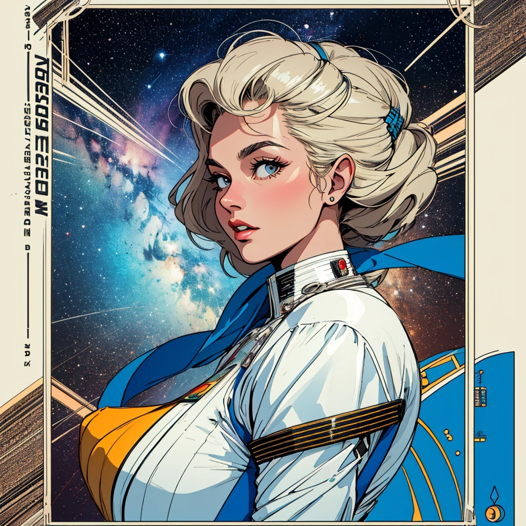 (((highest quality))),masterpiece,1 woman,((the perfect person)),((Super beautiful woman)),detailed perfect face,retro,vintage,classic,60's,70's,80's,old movie posters,abstract,((スペーススリラーmovie poster)),(Futuristic),Geometric pattern,very delicate,movie poster_white frame,universe,Milky Way,planet,,propaganda,universe飛行士,breast enhancement,simple,
