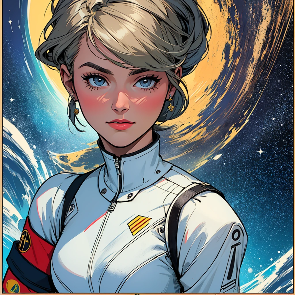 (((highest quality))),masterpiece,1 woman,((the perfect person)),((Super beautiful woman)),detailed perfect face,retro,vintage,classic,60's,70's,80's,old movie posters,abstract,((スペーススリラーmovie poster)),(Futuristic),Geometric pattern,very delicate,movie poster_white frame,universe,Milky Way,planet,,propaganda,universe飛行士,breast enhancement,simple,