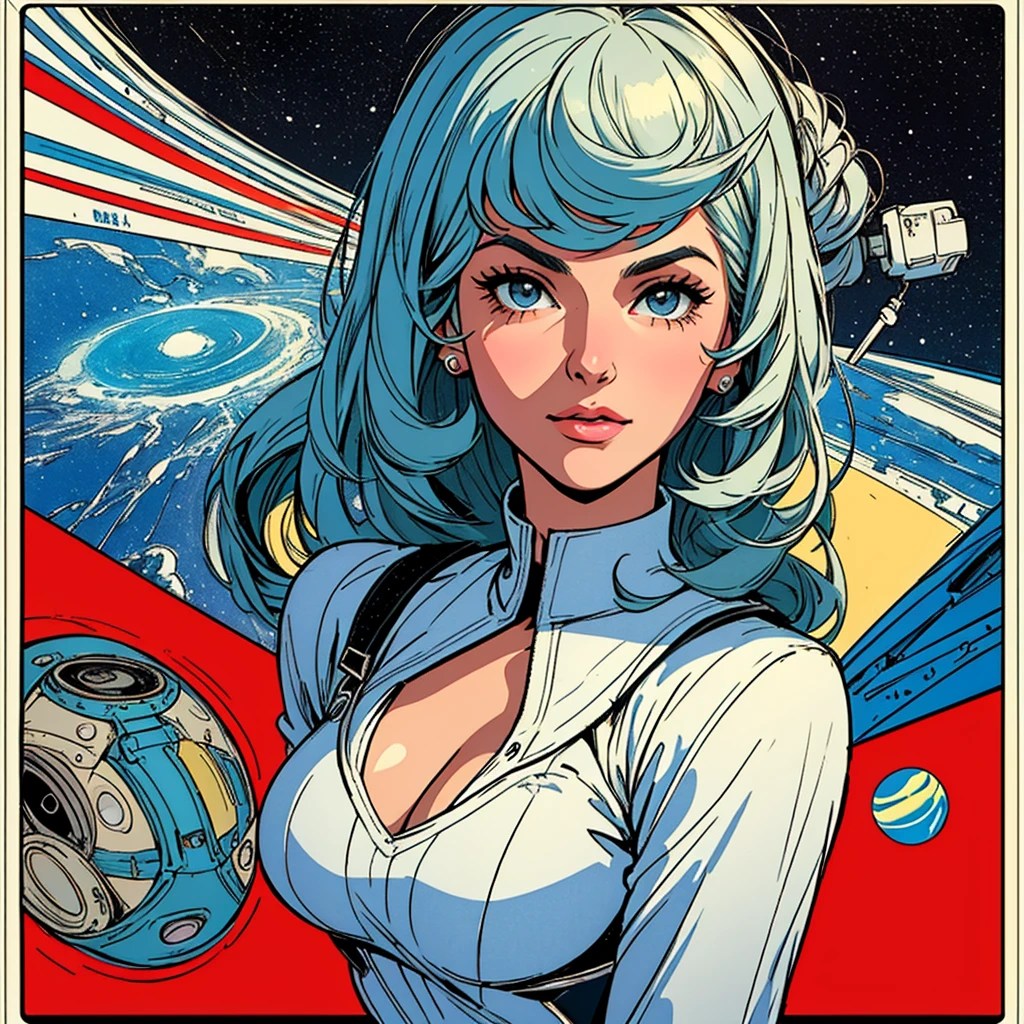 (((highest quality))),masterpiece,1 woman,((the perfect person)),((Super beautiful woman)),detailed perfect face,retro,vintage,classic,60's,70's,80's,old movie posters,abstract,((スペーススリラーmovie poster)),(Futuristic),Geometric pattern,very delicate,movie poster_white frame,universe,Milky Way,planet,,propaganda,universe飛行士,breast enhancement,simple,