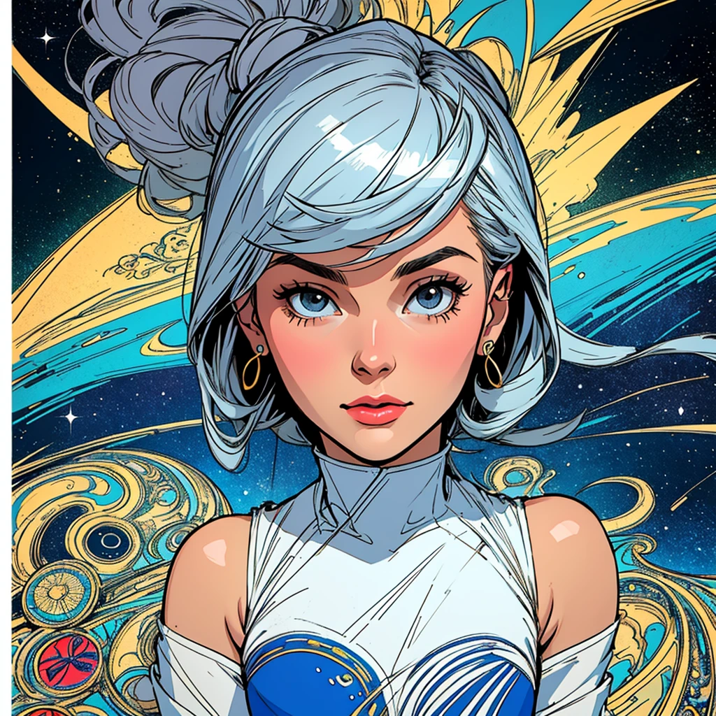 (((highest quality))),masterpiece,1 woman,((the perfect person)),((Super beautiful woman)),detailed perfect face,retro,vintage,classic,60's,70's,80's,old movie posters,abstract,((スペーススリラーmovie poster)),(Futuristic),Geometric pattern,very delicate,movie poster_white frame,universe,Milky Way,planet,,propaganda,universe飛行士,breast enhancement,simple,