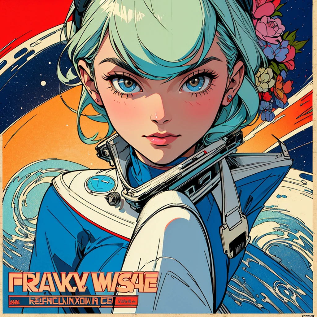 (((highest quality))),masterpiece,1 woman,((the perfect person)),((Super beautiful woman)),detailed perfect face,retro,vintage,classic,60's,70's,80's,old movie posters,abstract,((スペーススリラーmovie poster)),(Futuristic),Geometric pattern,very delicate,movie poster_white frame,universe,Milky Way,planet,,propaganda,universe飛行士,breast enhancement,simple,