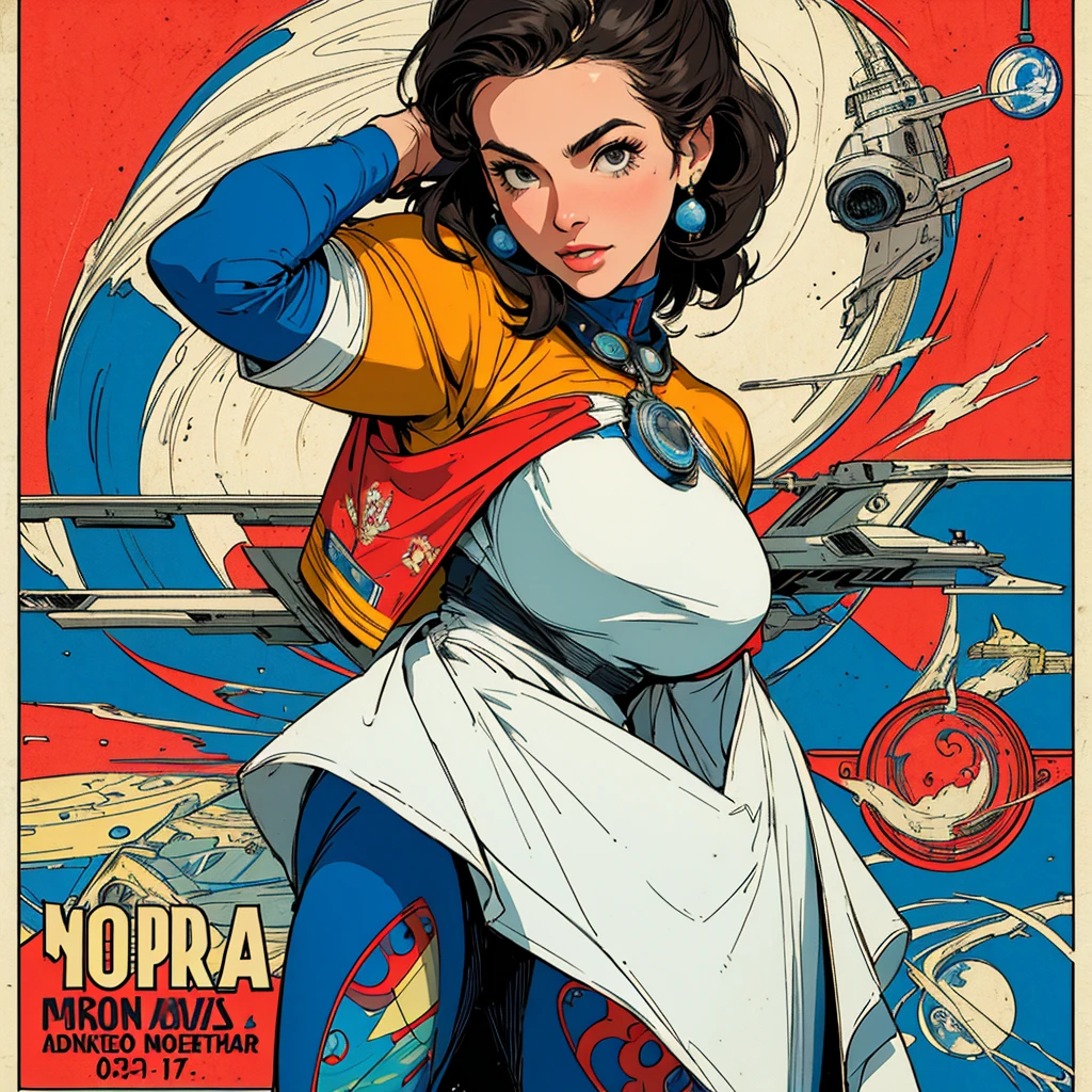 (((highest quality))),masterpiece,1 woman,((the perfect person)),((Super beautiful woman)),detailed perfect face,retro,vintage,classic,60's,70's,80's,old movie posters,abstract,((スペーススリラーmovie poster)),(Futuristic),Geometric pattern,very delicate,movie poster_white frame,universe,Milky Way,planet,,propaganda,universe飛行士,breast enhancement,simple,